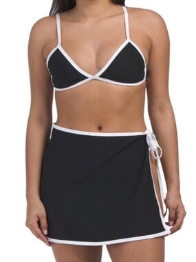 Black & White Contrast Triangle Bikini Set with Wrap Skirt